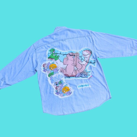 SOLD Handmade, Upcycled The Land Before Time Denim Shirt/Jacket Size 2XL - Picture 3 of 4